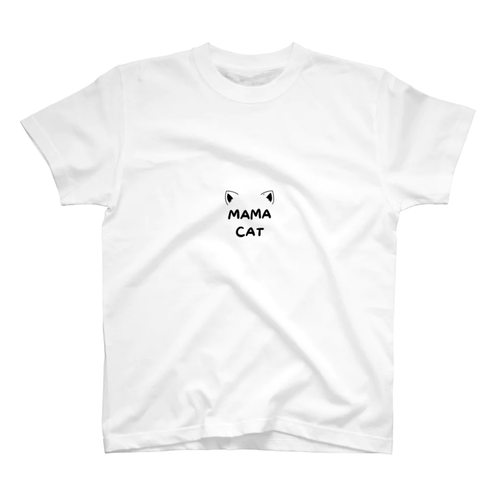 ただの猫好きのBlack White Illustrated Mama Cat T-Shirt Regular Fit T-Shirt