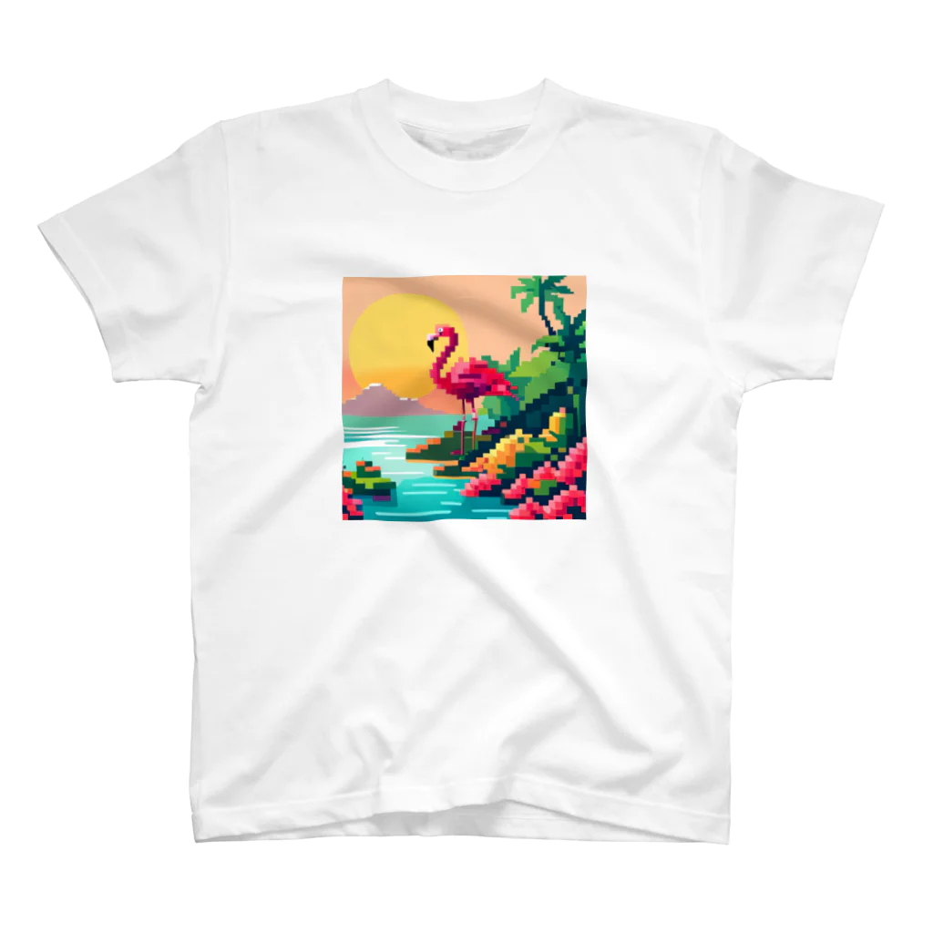 動物マニアのドット絵ショップのドット絵の幻想的なフラミンゴ🦩🌇 スタンダードTシャツ