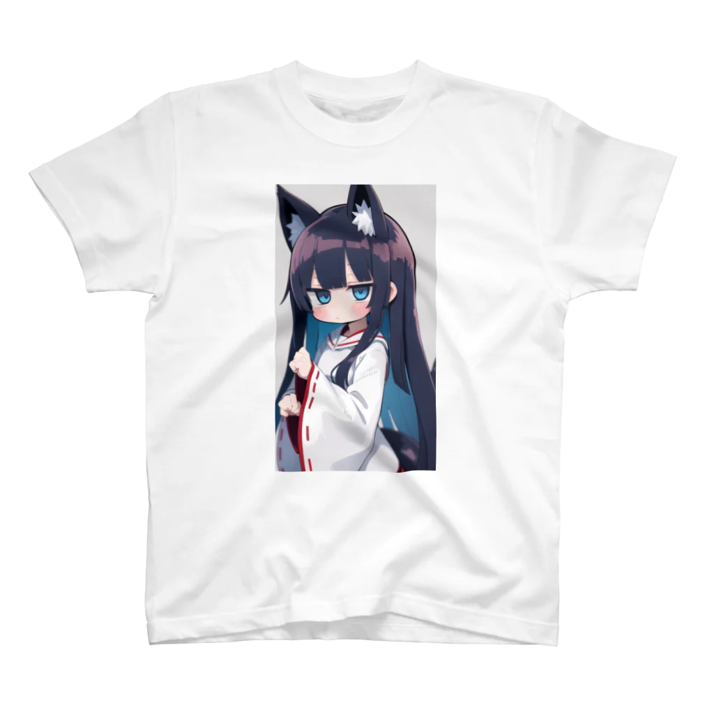 ケモ耳美少女キツネちゃん（AIart）の紺色の髪のキツネの女の子 スタンダードTシャツ