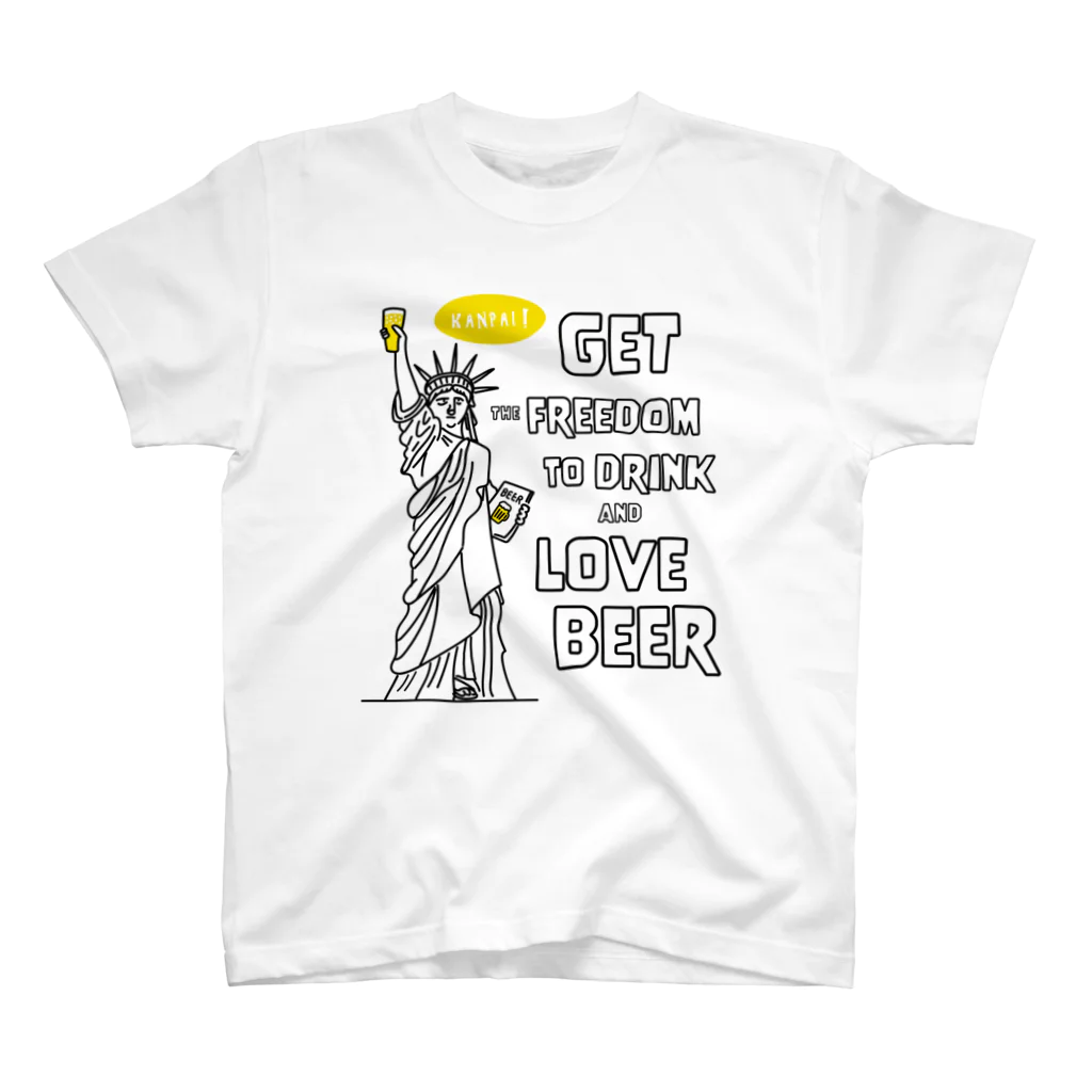 ビールとアート TM-3 Designの彫刻 × BEER（自由の女神・ビールを飲み愛する自由をその手に）黒線画-袋文字 スタンダードTシャツ