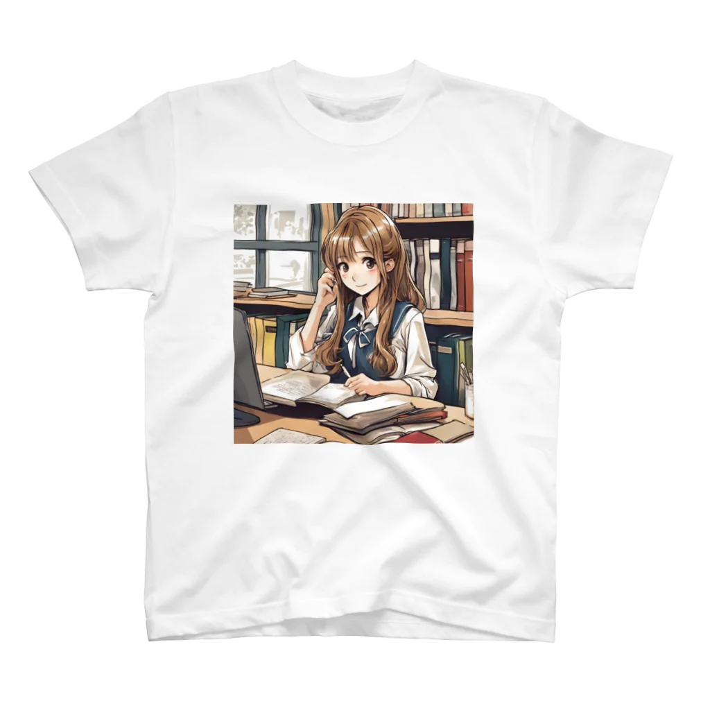 可愛いは正義！の文学少女　勉強する女子高生 Regular Fit T-Shirt