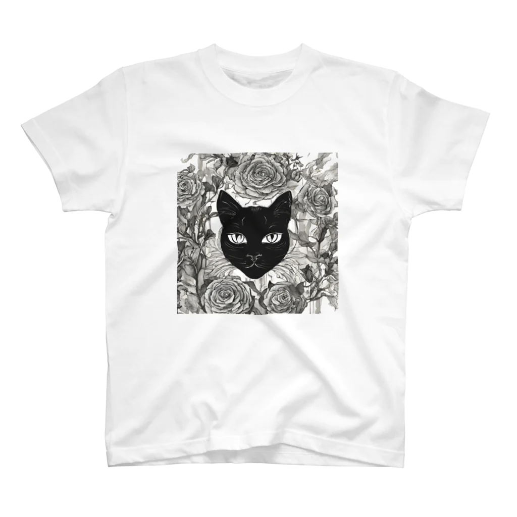 47MIRACLEの黒猫フラワー Regular Fit T-Shirt