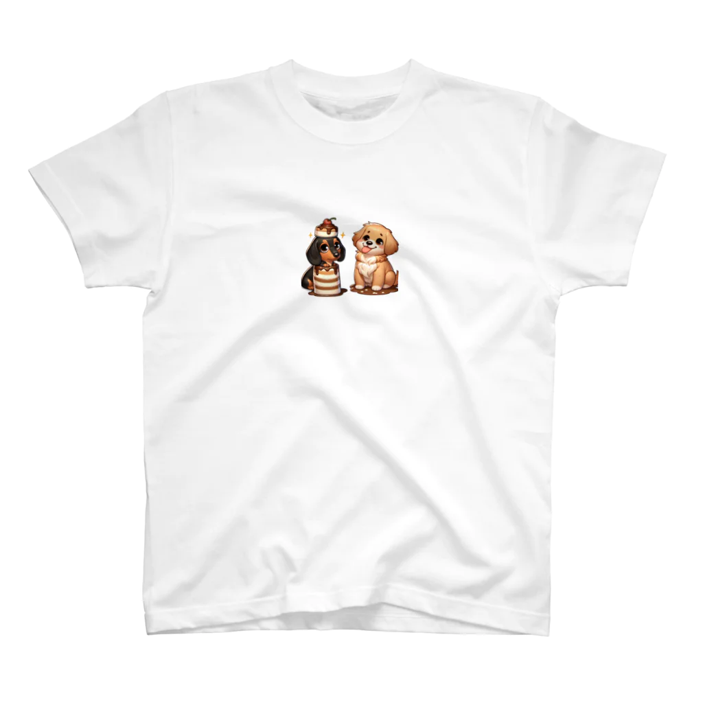 もふもふアニマルズのプリンを楽しむ犬 スタンダードTシャツ