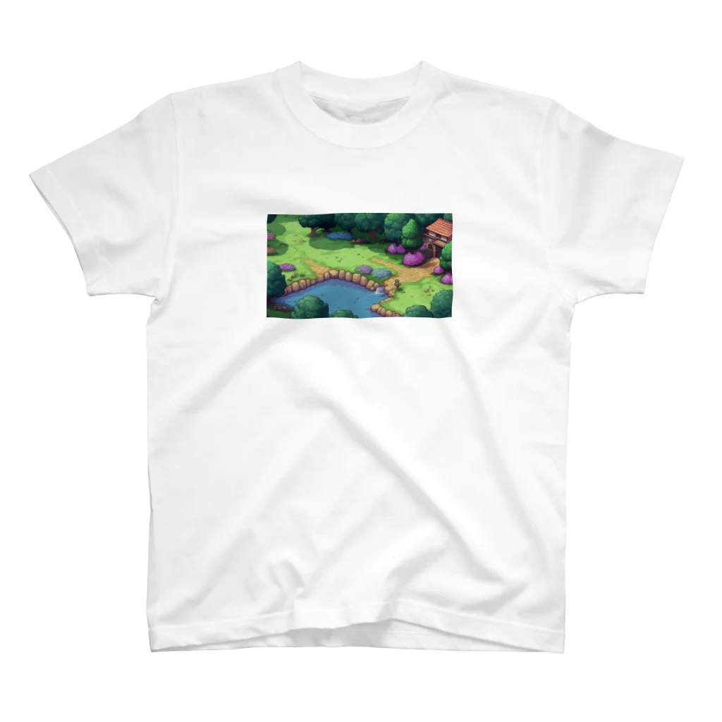 サクラウタl 背景のフリー素材のドット絵の村 スタンダードTシャツ