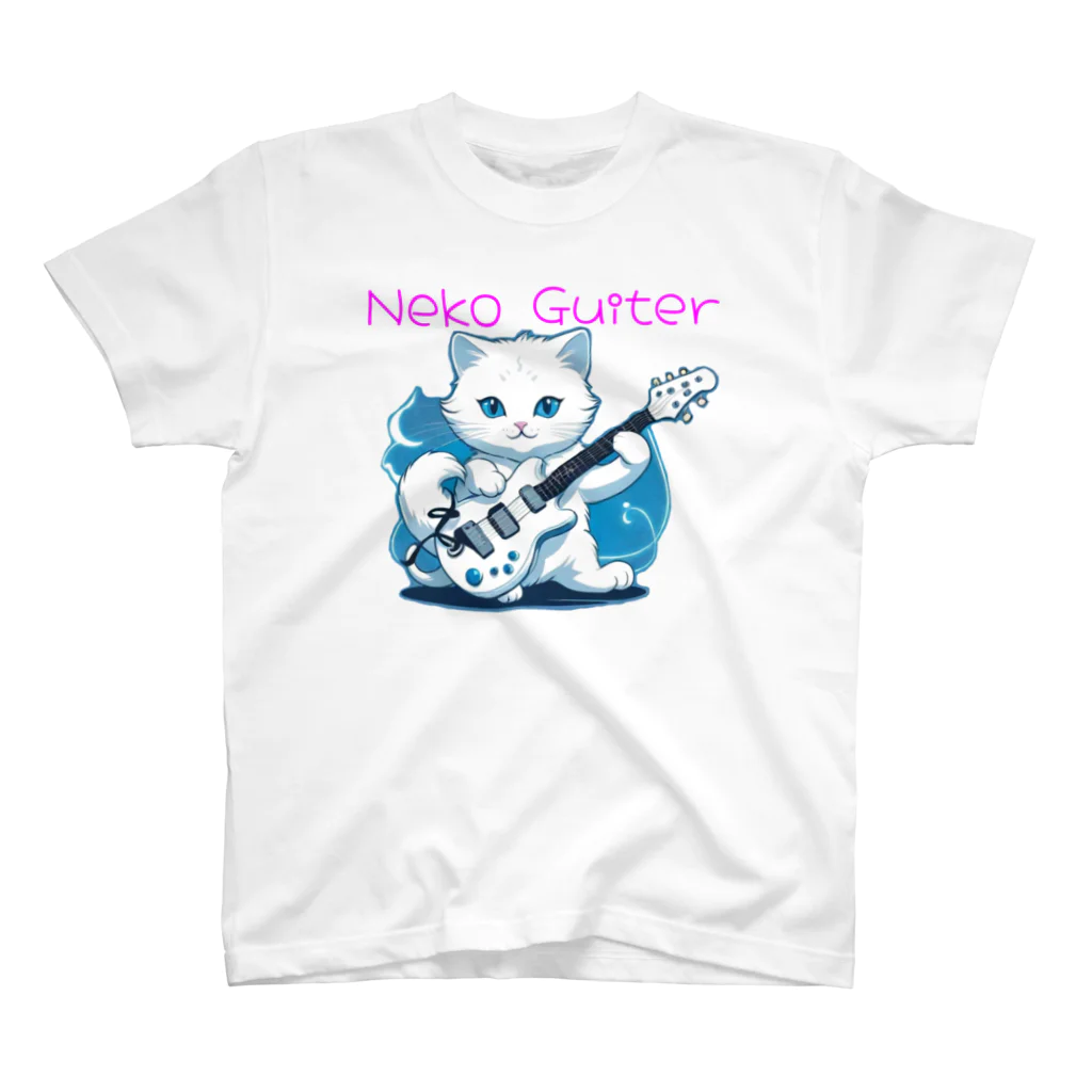 ねこTシャツ SBBSTYLE NEKOのネコと白いエレキギター002 Regular Fit T-Shirt