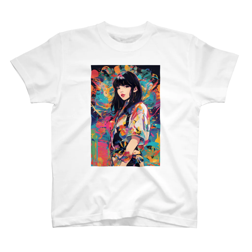 80s pop anime artの黒い背景にカラフルなドレスを着た女性の絵 Regular Fit T-Shirt