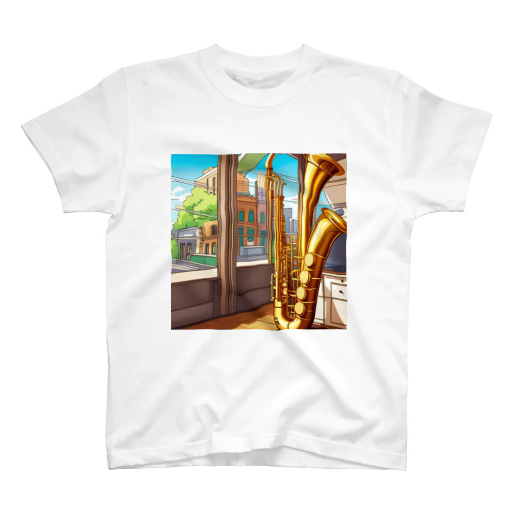 ほっこり絵音舎のバリトンサックスと風景 スタンダードTシャツ