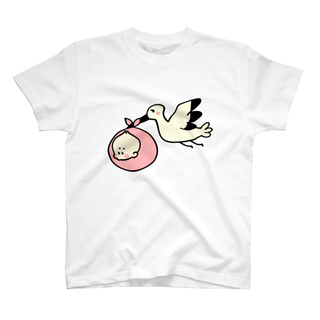 ゆちのへやのベビーを運ぶコウノトリのイラスト スタンダードTシャツ