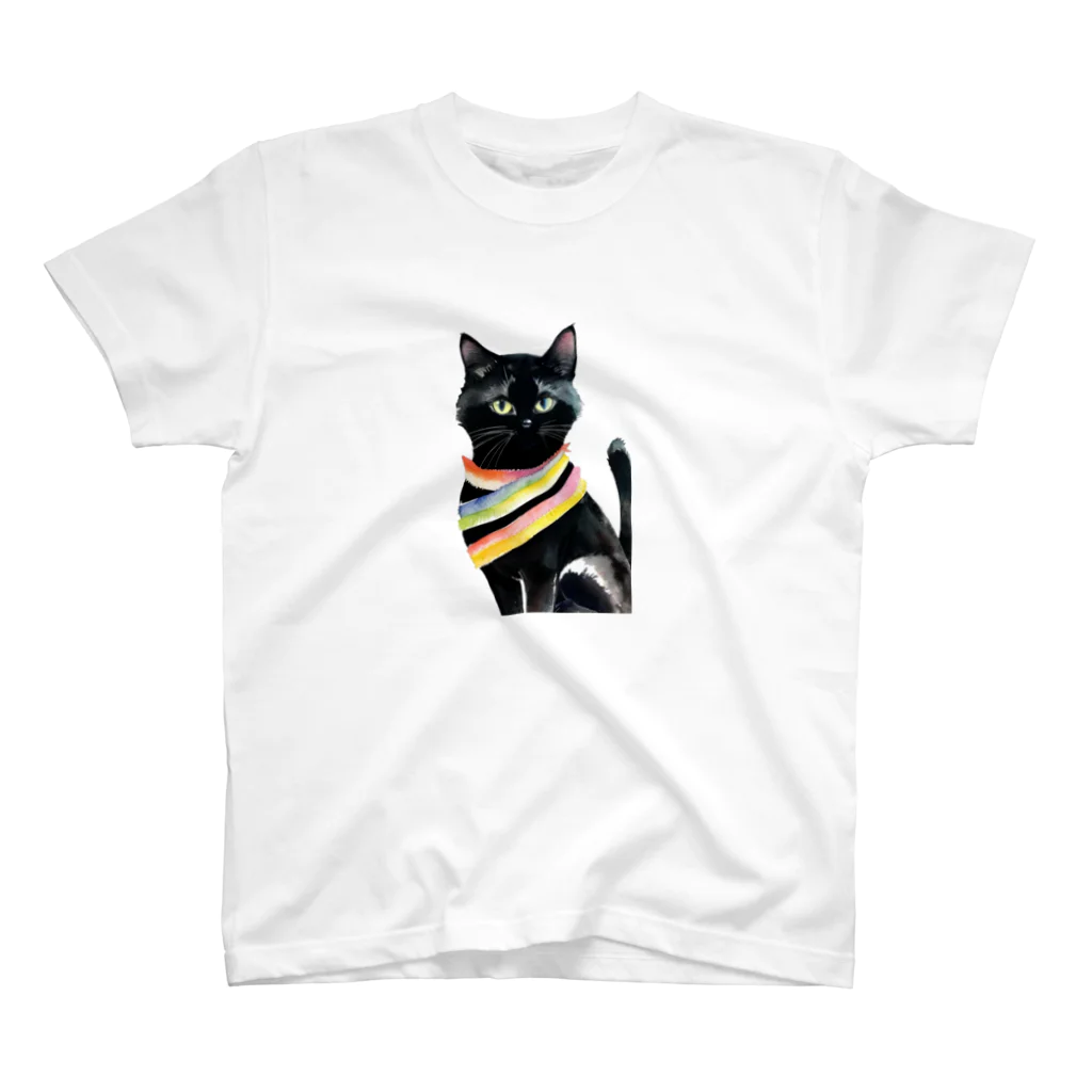 幸運のしっぽの黒猫と虹の首輪 スタンダードTシャツ