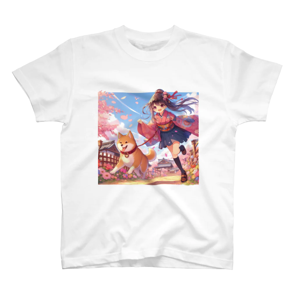 推しの美少女とアイドルの桜の中を犬と走る女の子 Regular Fit T-Shirt