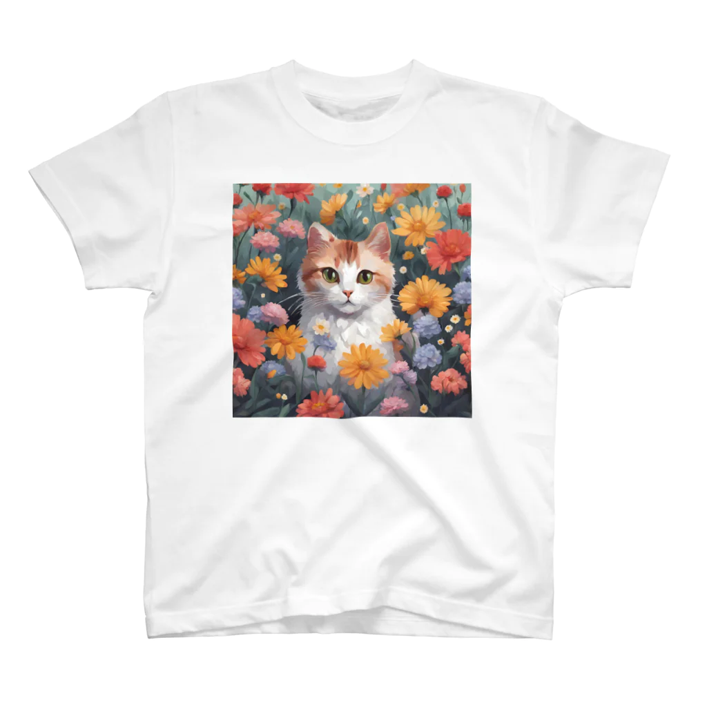 FLOWERアニマルのロココFLOWERキャットコスモス スタンダードTシャツ