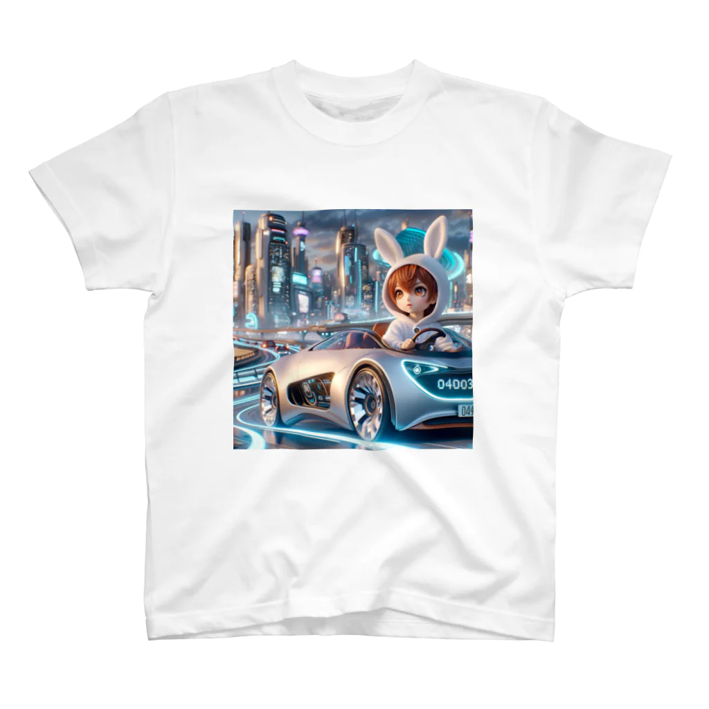 ユサユサしてるキャラクターショップのユサユサしながら未来の車で未来都市をドライブ スタンダードTシャツ