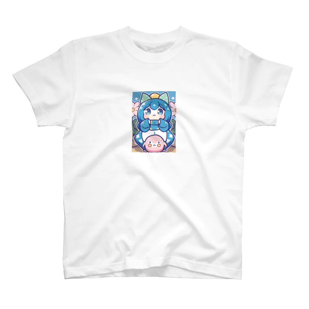 カピパーラ🐻の青い髪の姫とピンクのかわいい生物♪ スタンダードTシャツ