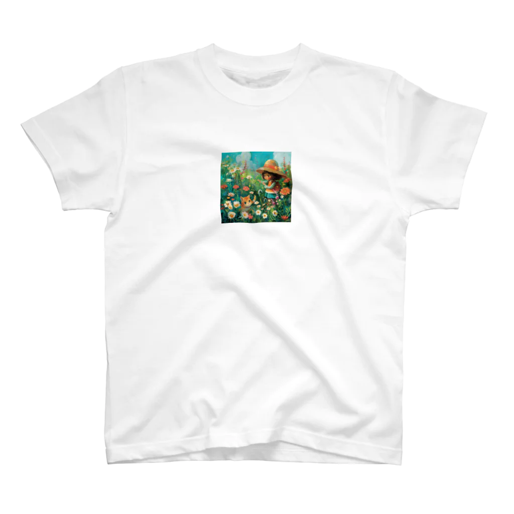 AQUAMETAVERSEのお花畑に囲まれる猫ちゃんと私 アメジスト 2846 Regular Fit T-Shirt