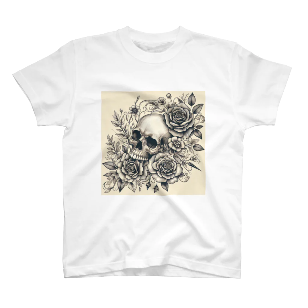 heart-sのモノクロ 花とスカル スタンダードTシャツ