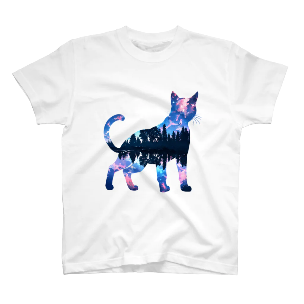 猫との風景の星空と猫_009 Regular Fit T-Shirt