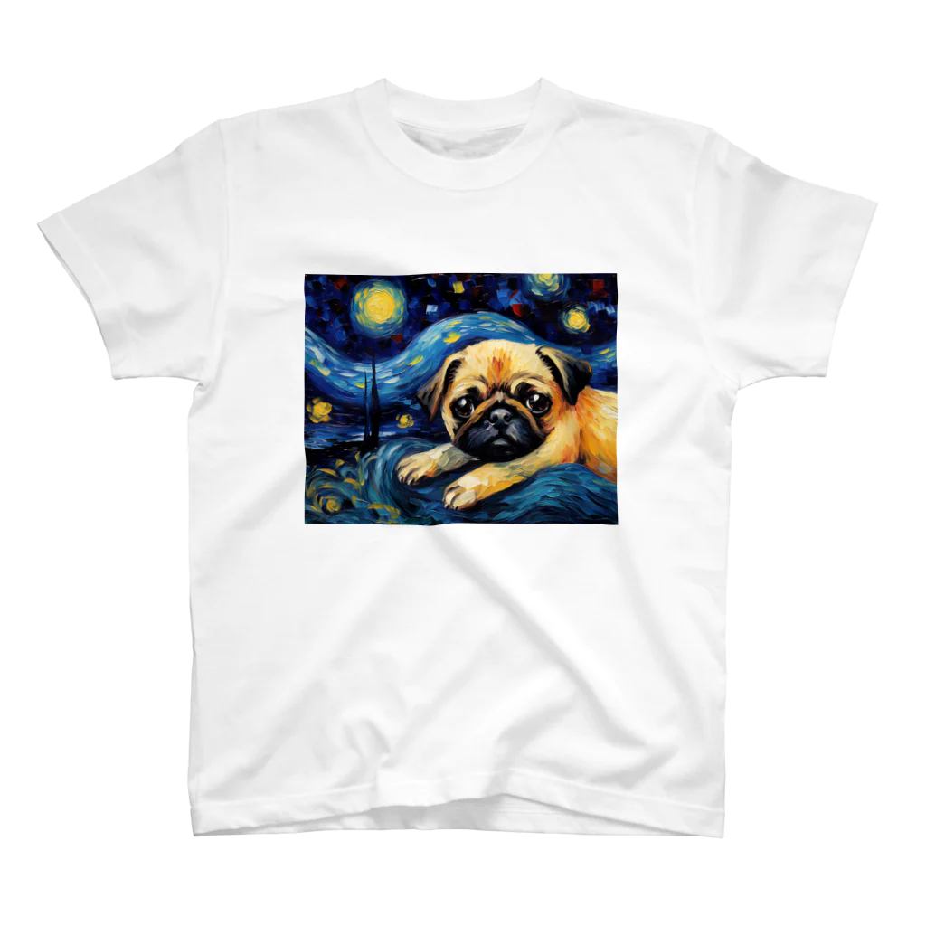 Dog Art Museumの【星降る夜 - パグ犬の子犬 No.3】 スタンダードTシャツ