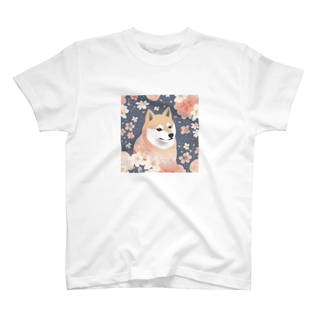 Grazing Wombatの日本画風、柴犬と桜２-Japanese-style painting of a Shiba Inu with cherry blossoms 2 スタンダードTシャツ