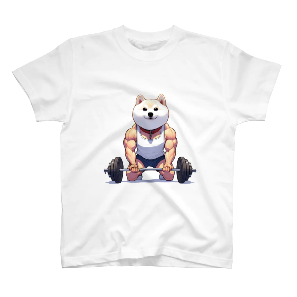 柴犬に囲まれたいのバーベルを上げようとするムキムキの白柴犬 Regular Fit T-Shirt