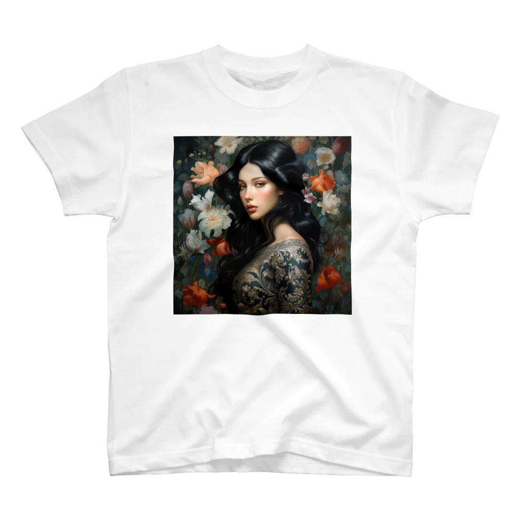 AQUAMETAVERSEのいろ色な、花に囲まれている女性　なでしこ1478 スタンダードTシャツ