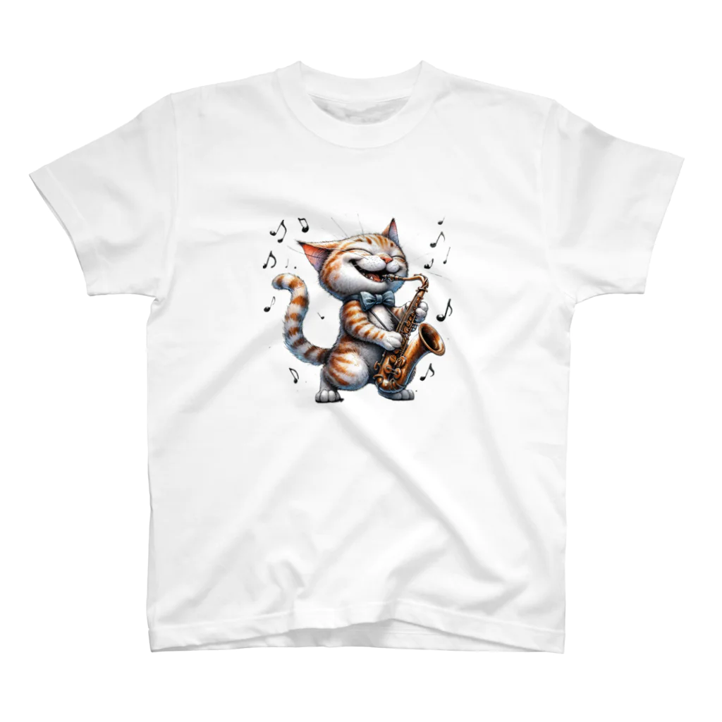 Momo_Anの猫のサックスプレイヤー　ノリノリ♪ スタンダードTシャツ