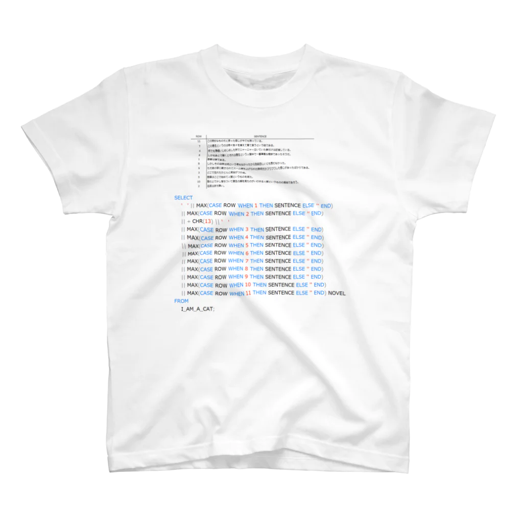 hy3のCASE式と集約関数で『吾輩は猫である』を行列変換するSQL スタンダードTシャツ