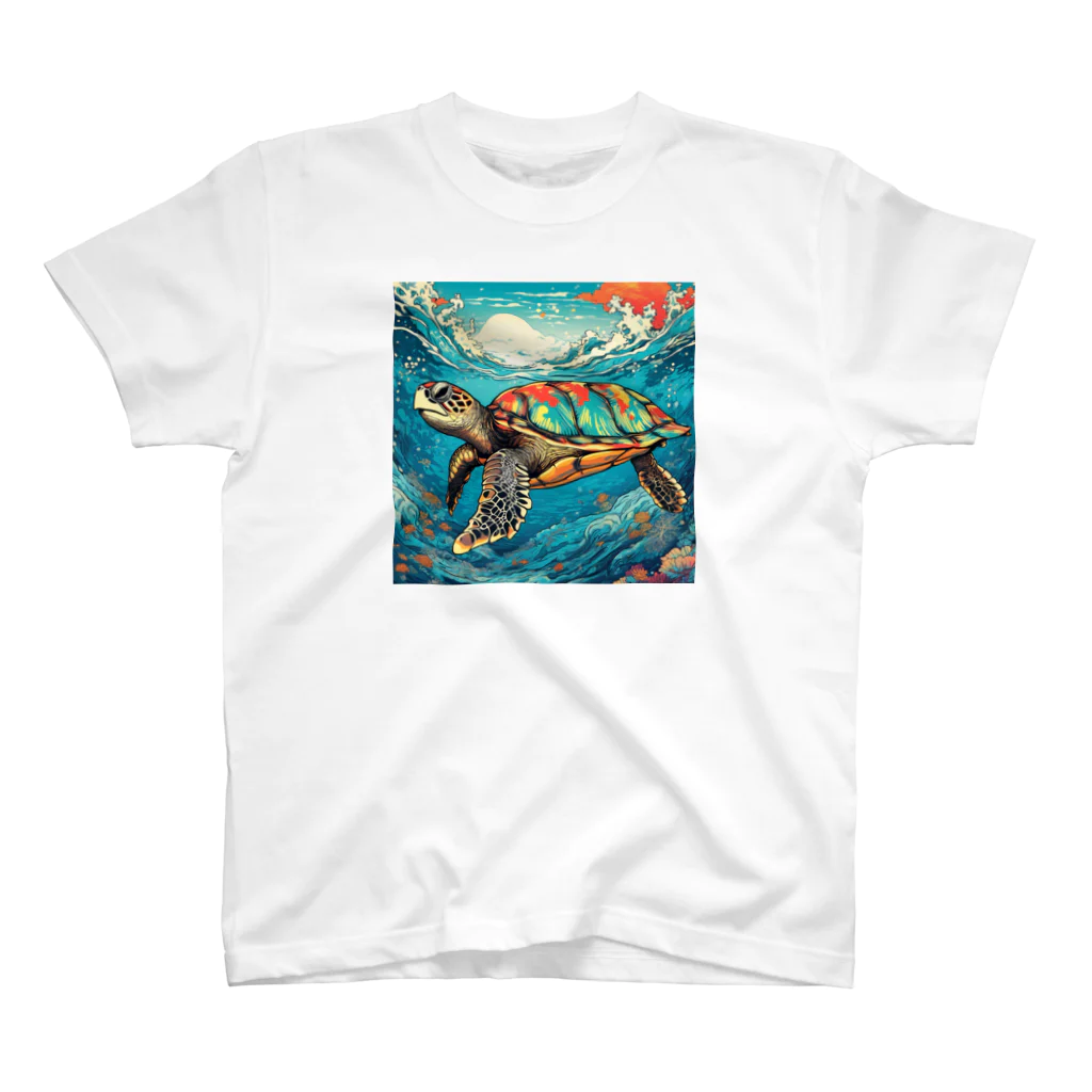 日本の風景 COOL JAPANの日本の風景:荒波にもまれる海がめ、Japanese scenery: Sea turtle caught in rough waves Regular Fit T-Shirt