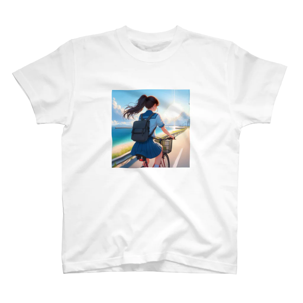 ふりむいての海岸沿いの風、自転車を漕ぐ女の子 スタンダードTシャツ