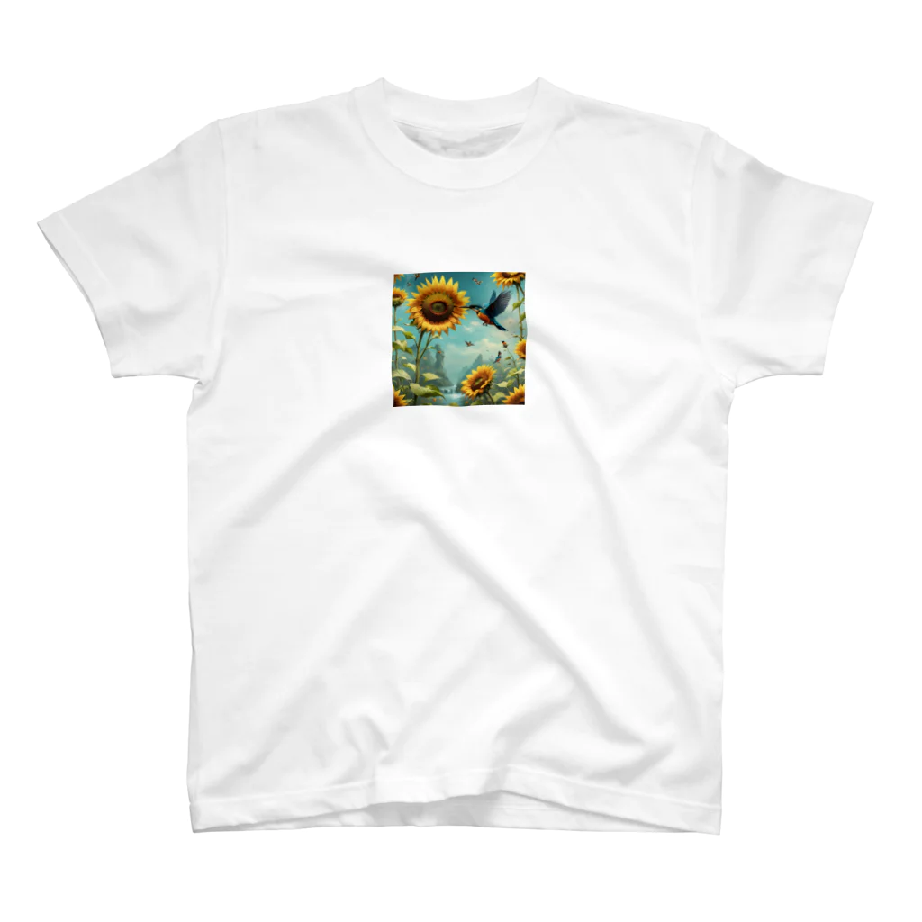 Sunbathingのヒマワリと羽ばたくカワセミ Regular Fit T-Shirt