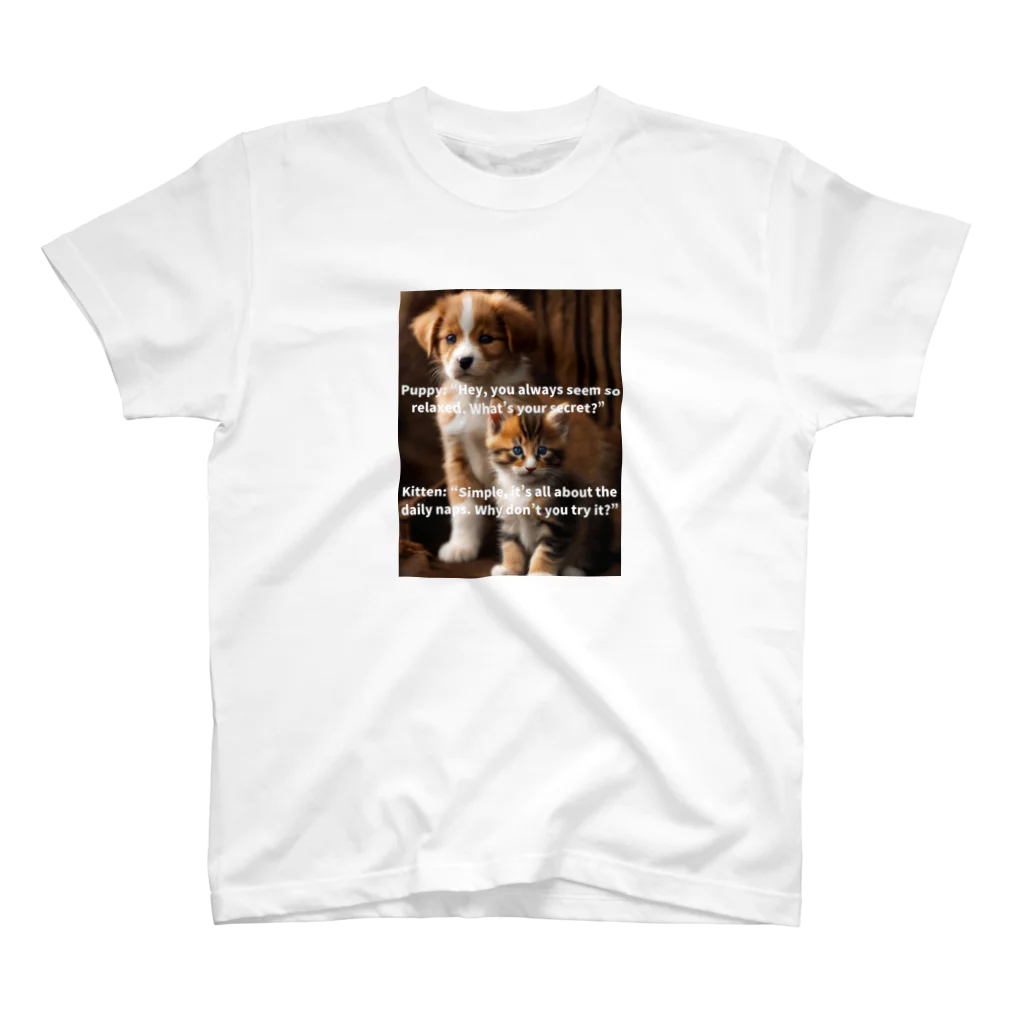 Canvas_Teesの①子犬と子猫のカワイイ会話TシャツVol.1 ［リラックスが人生の極意!✨①］ Regular Fit T-Shirt