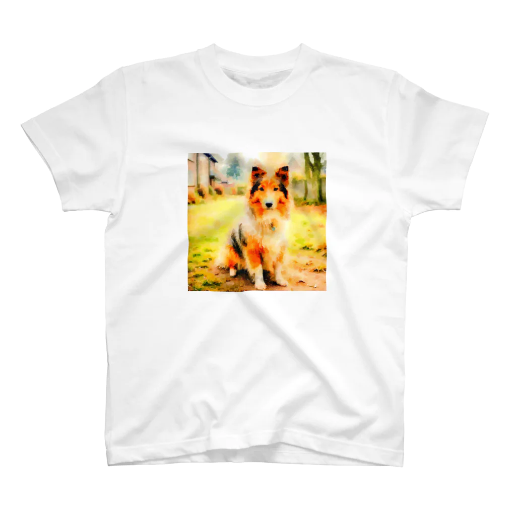 犬好きのしましまのレトロな犬の水彩画/シェットランド・シープドッグのヴィンテージ風イラスト Regular Fit T-Shirt