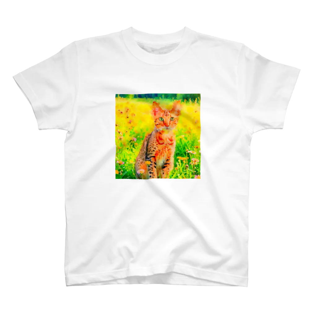 猫好きの谷の猫の水彩画/花畑のオシキャットねこのイラスト/キジトラネコ スタンダードTシャツ