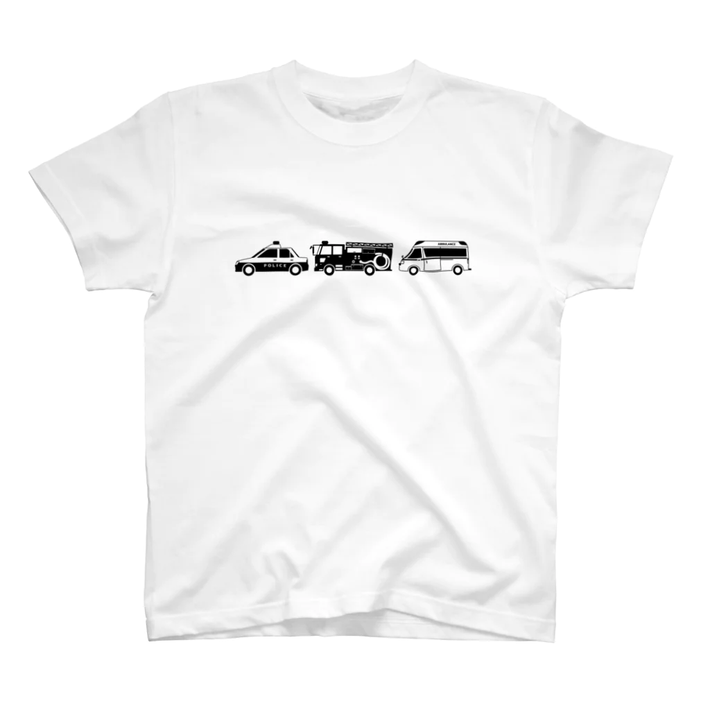 働く車・乗り物Tシャツ／KK商店の緊急車両（パトカー・消防車・救急車） スタンダードTシャツ