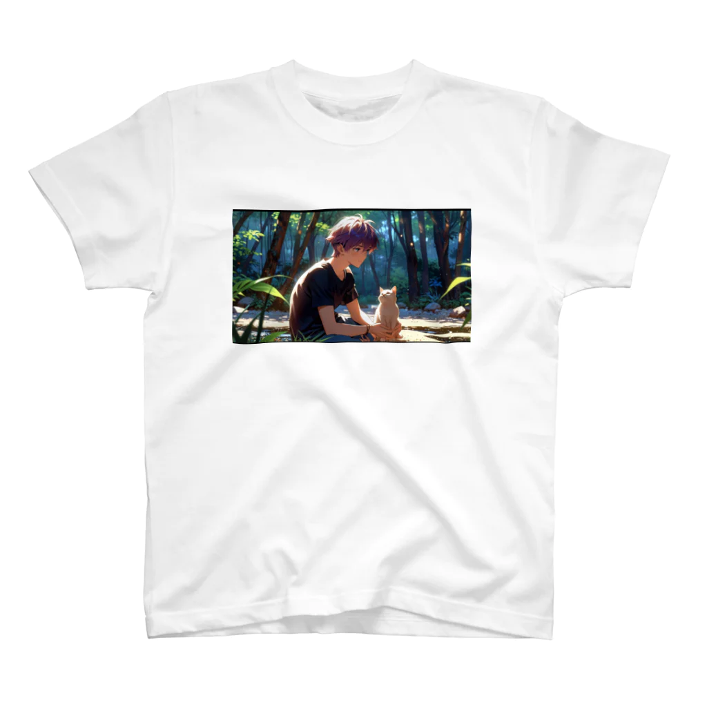 Happy-catの森の中の少年と猫 Regular Fit T-Shirt