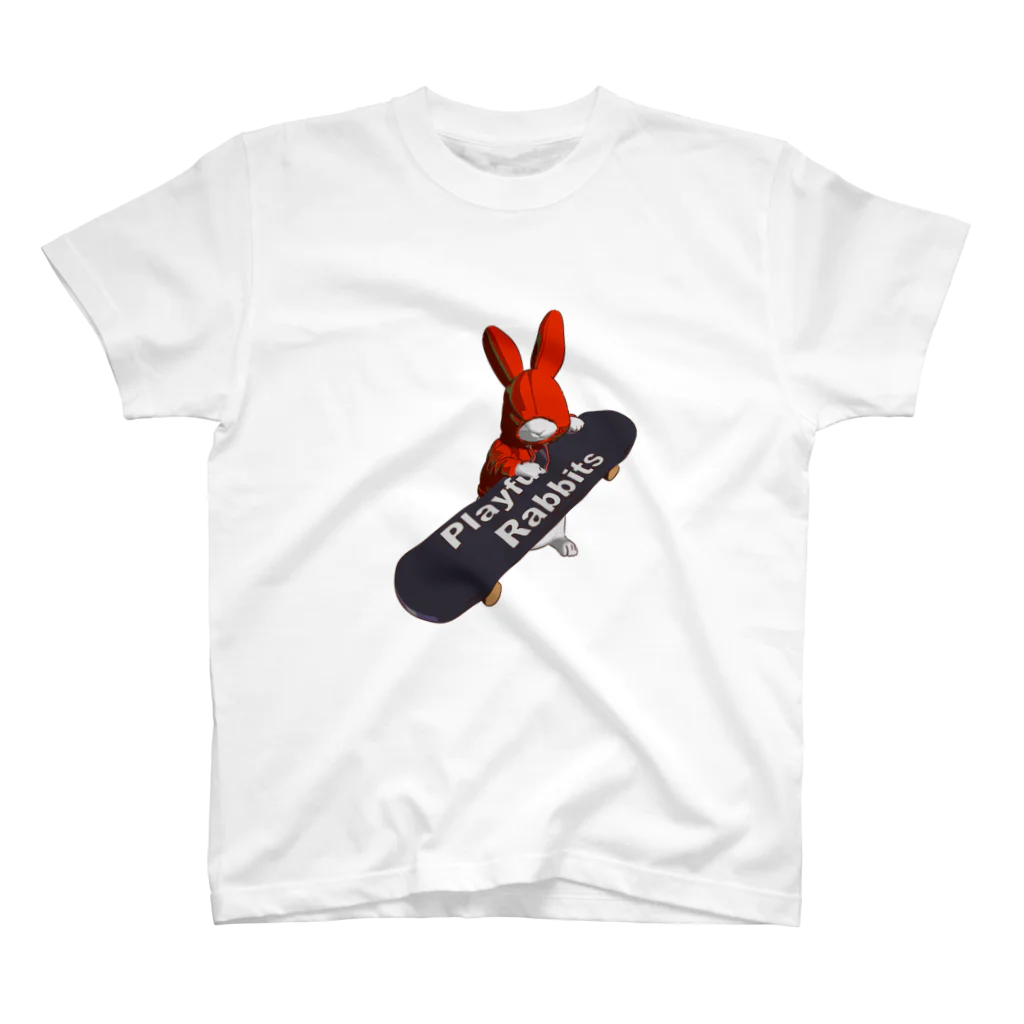 鬼鞍 ONIKURAのPlayful Rabbits レッド スタンダードTシャツ