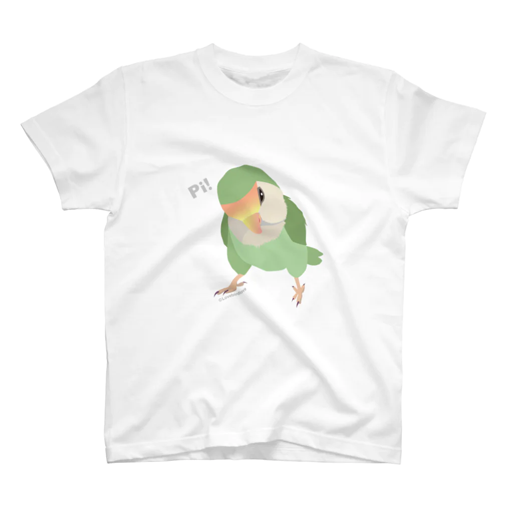 コザクラインコSHOP (kotorigoto/Lovebirdlove)のPi! コザクラインコ(シーグリーン） スタンダードTシャツ