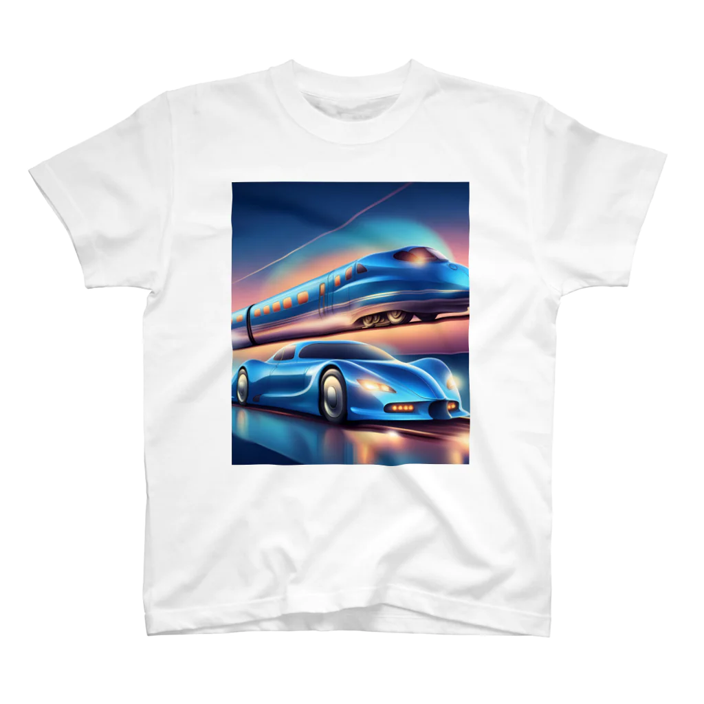 ro kuの青い車と新幹線 Regular Fit T-Shirt