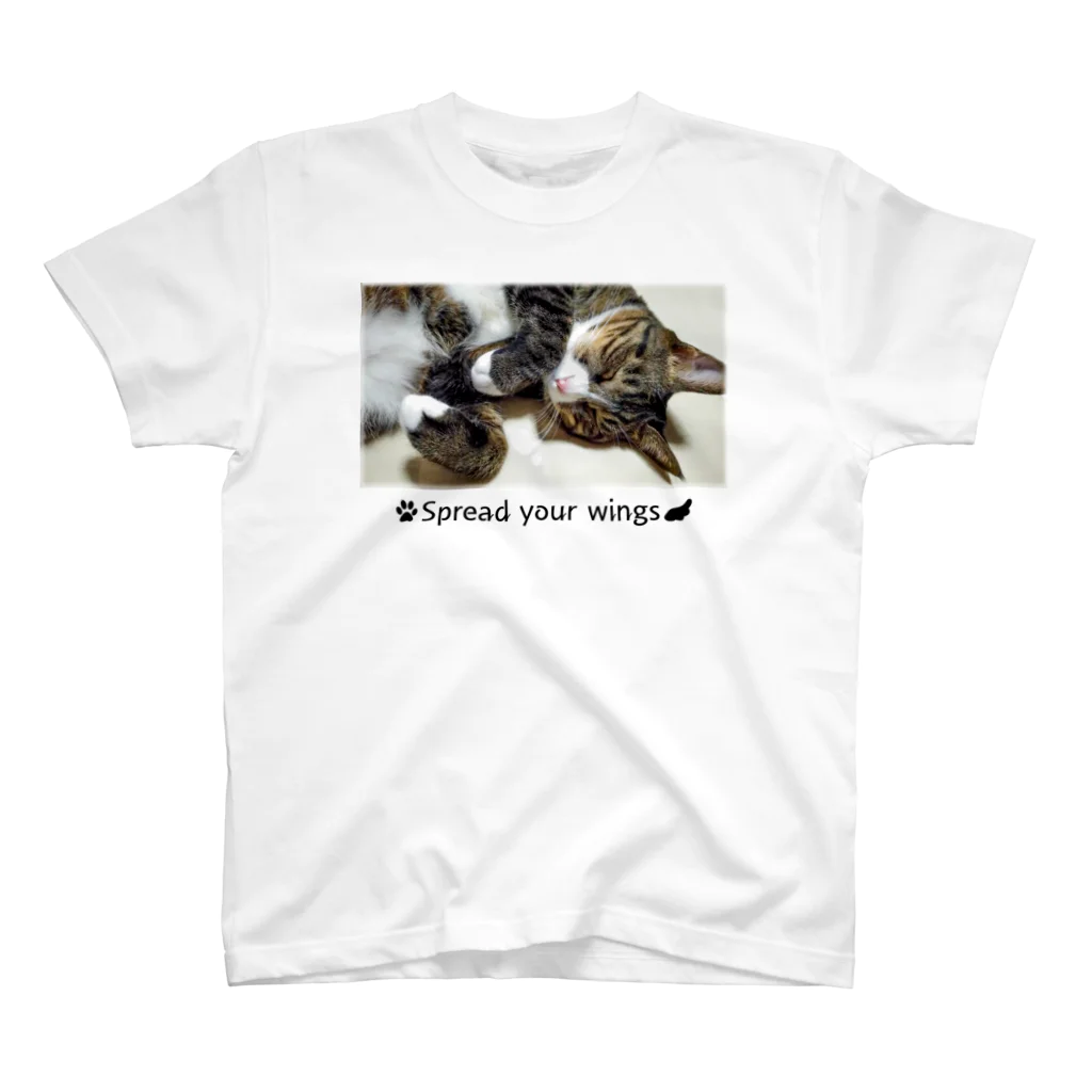 Cat in the Light（光の中の猫）の【猫】眠るキジトラ、Sleeping Beat -001 (text：Spread your wings) スタンダードTシャツ