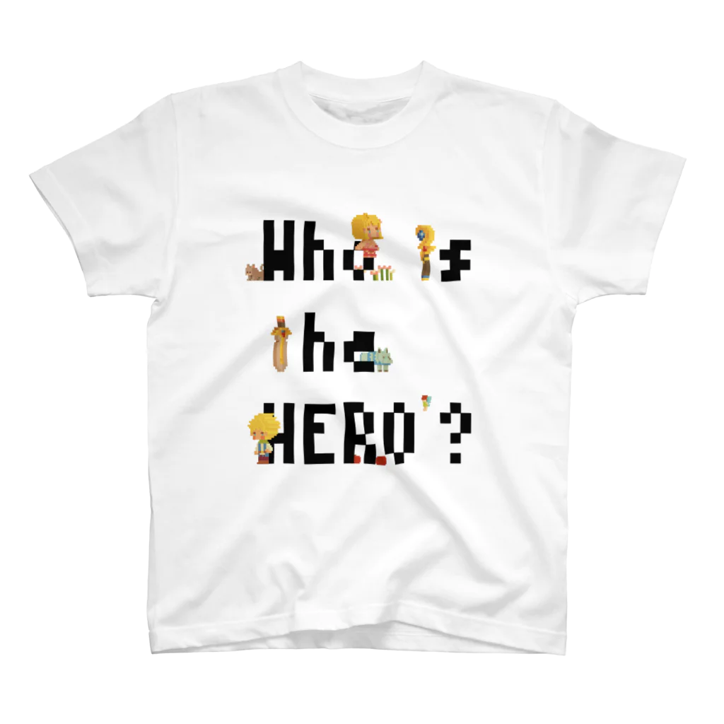 Who is the HERO? みやげもの屋のピクセルもじ と ボクセルきょうだい（黒文字） スタンダードTシャツ