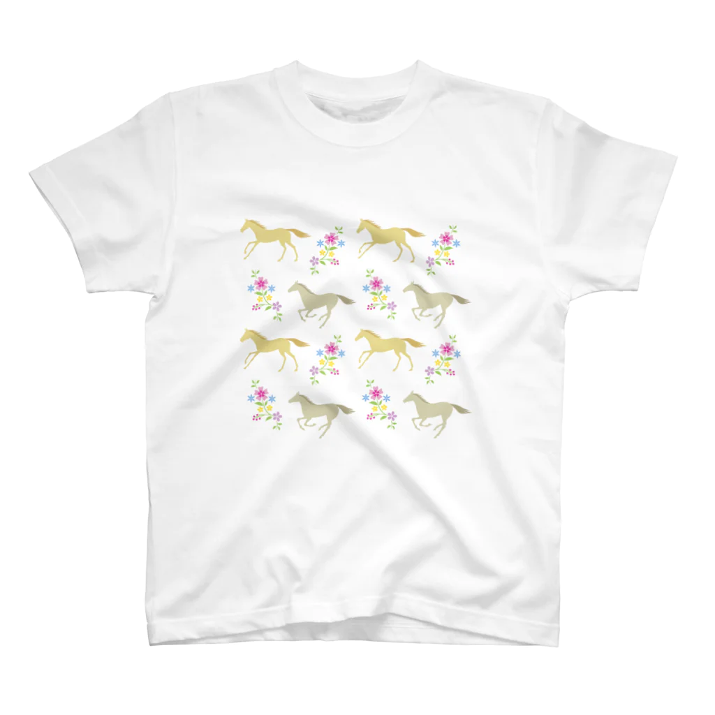 Sharroodの馬と花のTシャツ（背面プリント有） 티셔츠