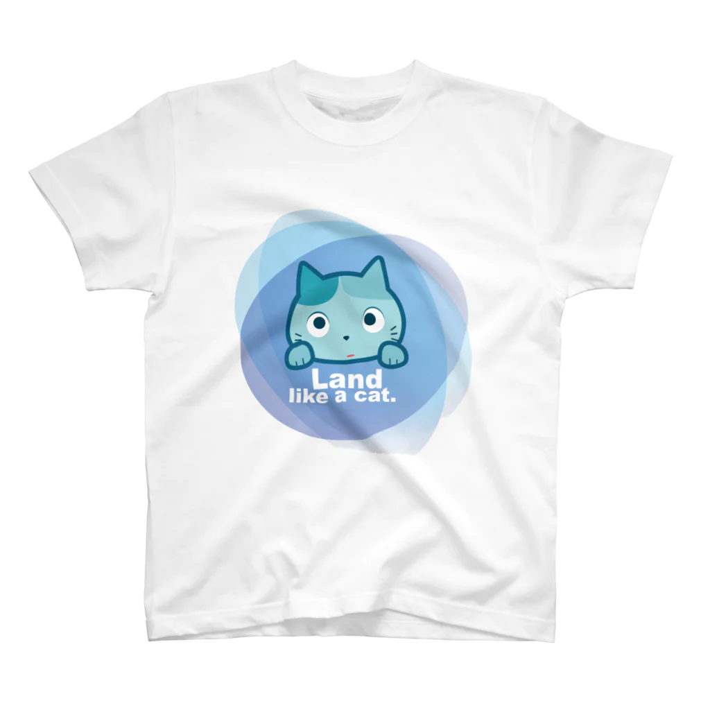 夙川育ち＠ネットショップのLand like a cat blue　〜　夙川育ち スタンダードTシャツ