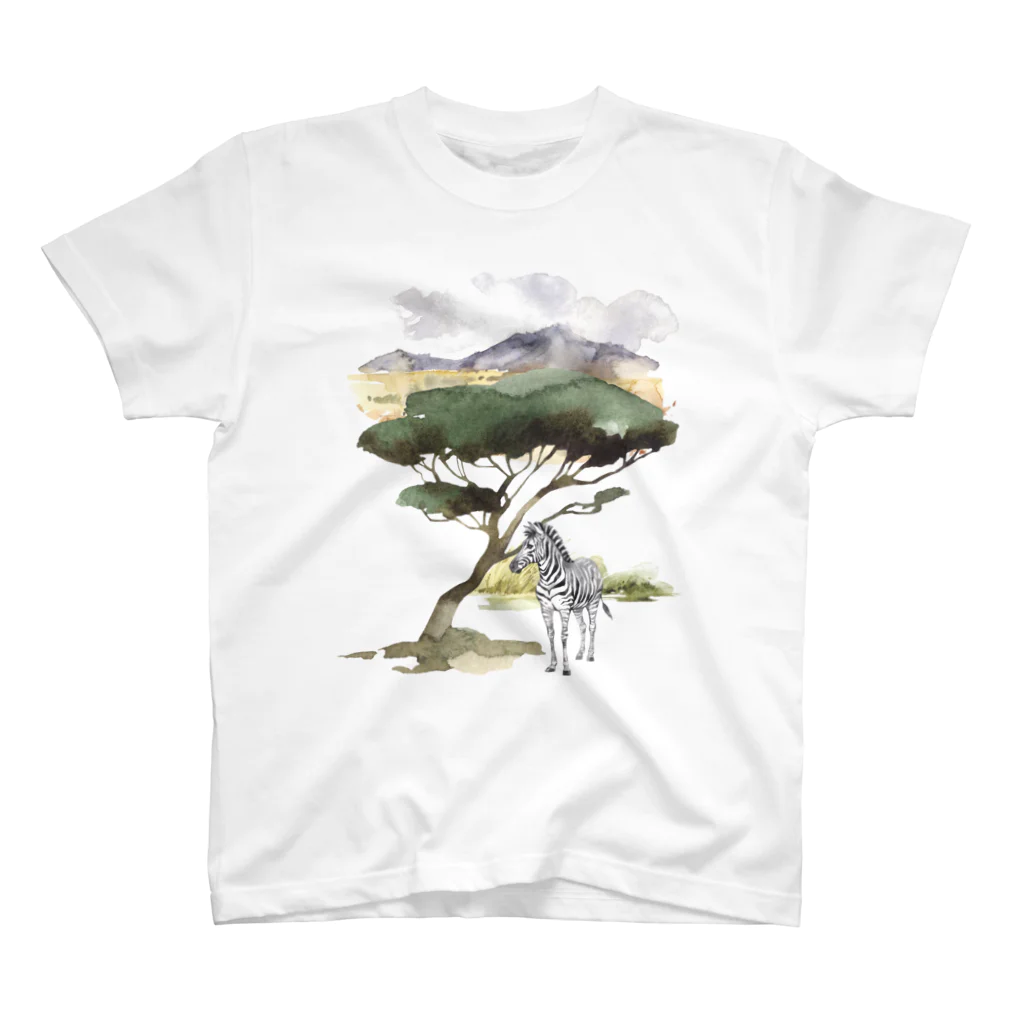 SANKAKU DESIGN STOREのサバンナの木陰で休むシマウマ。 Regular Fit T-Shirt
