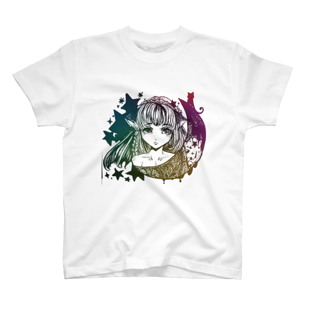 ぺちゃの ○。銀狐堂。○ の三日月猫娘 虹 スタンダードTシャツ