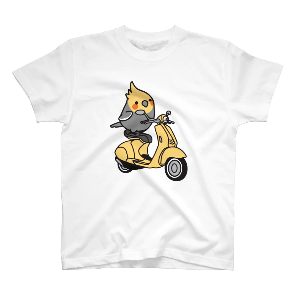 Cody the Lovebirdの両面　Chubby Bird バイクに乗ったオカメインコ スタンダードTシャツ