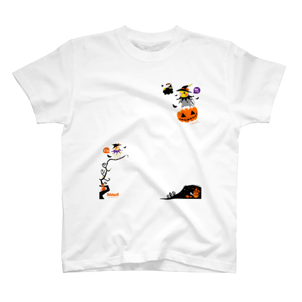 LittleLoroのFlying Pumpkin オカメインコのハロウィン 大きめワンポイント系 0461 Regular Fit T-Shirt