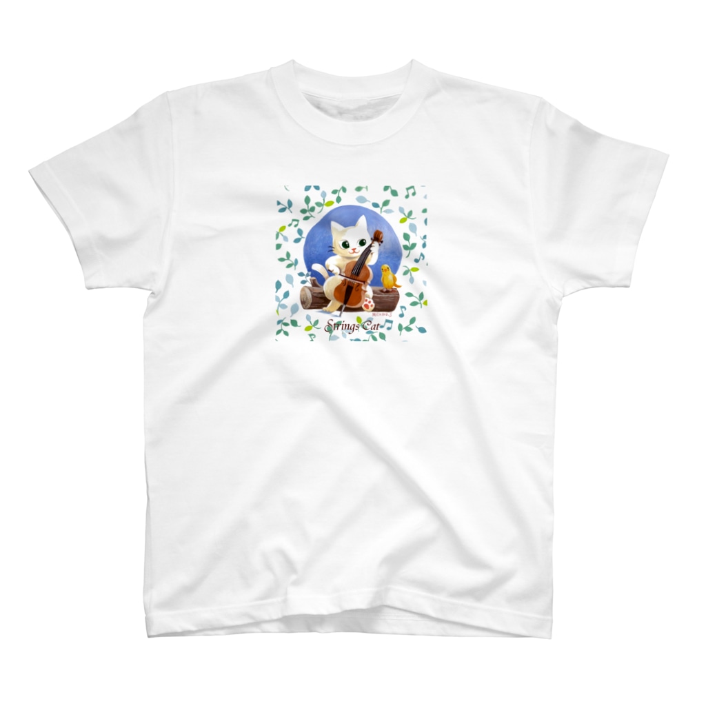 猫と音楽Strings Catのこかげでひと休み・猫と鳥 Regular Fit T-Shirt