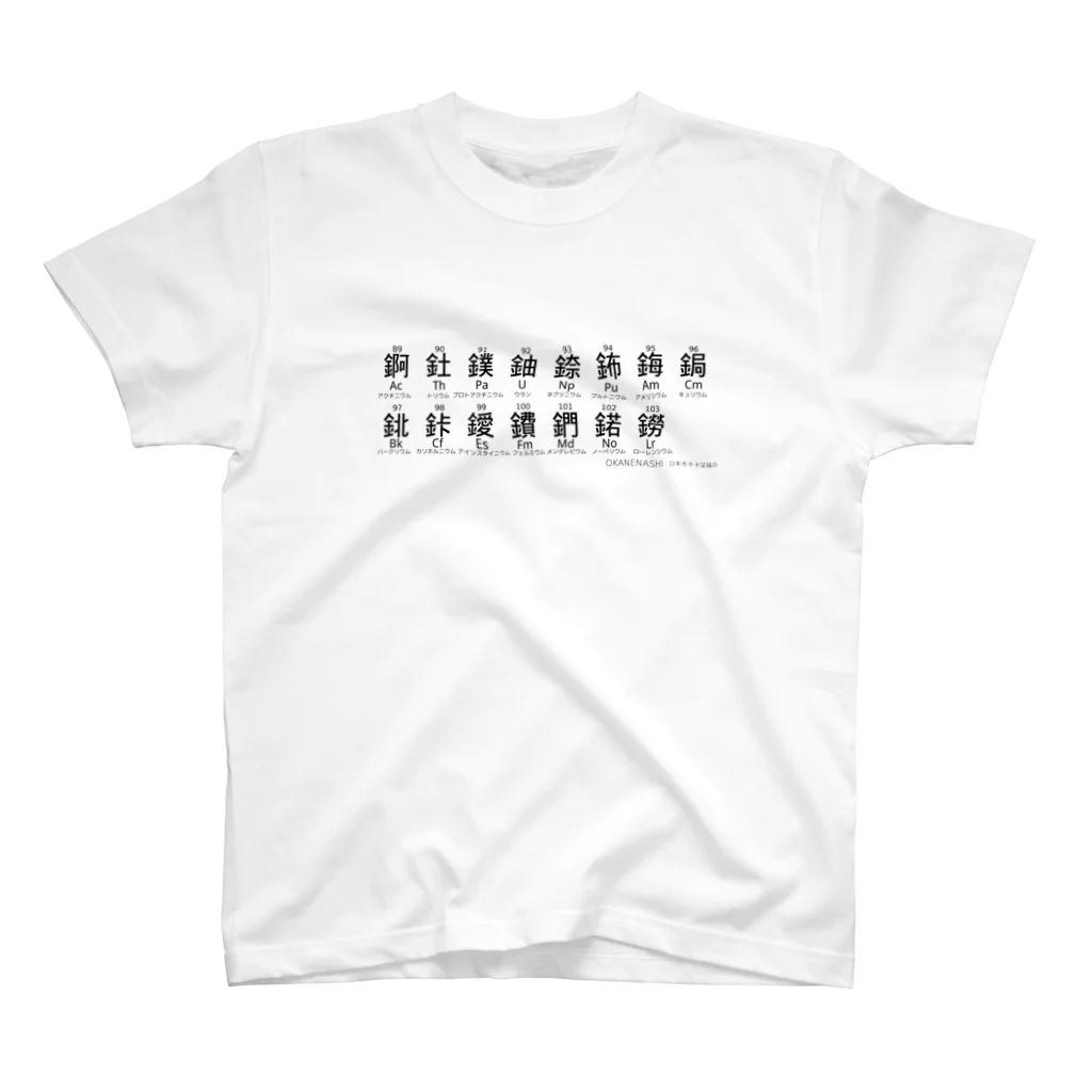 日本カネ不足協会の元素の漢字[アクチノイド] スタンダードTシャツ