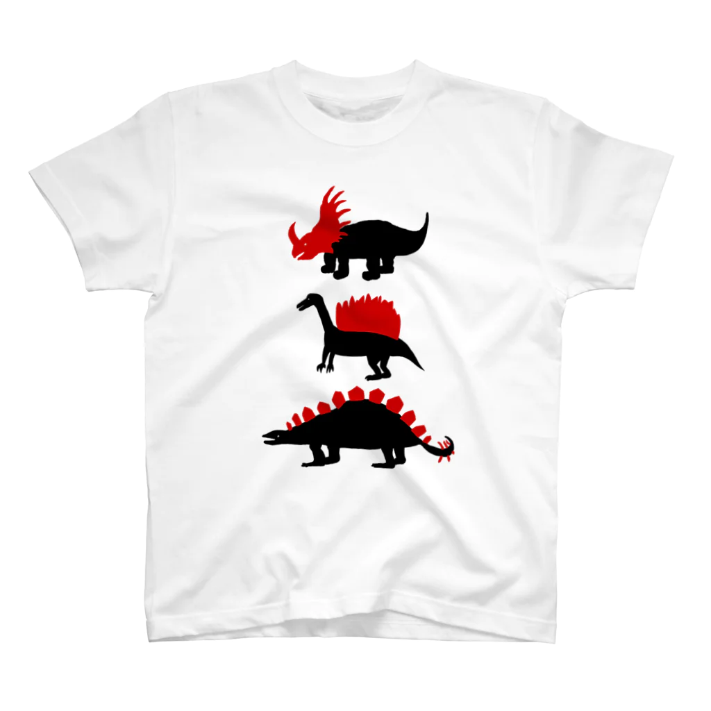 Kanako Okamotoの赤✖️黒恐竜Tシャツ「トリケラトプス・スピノサウルス・ステゴサウルス」 티셔츠