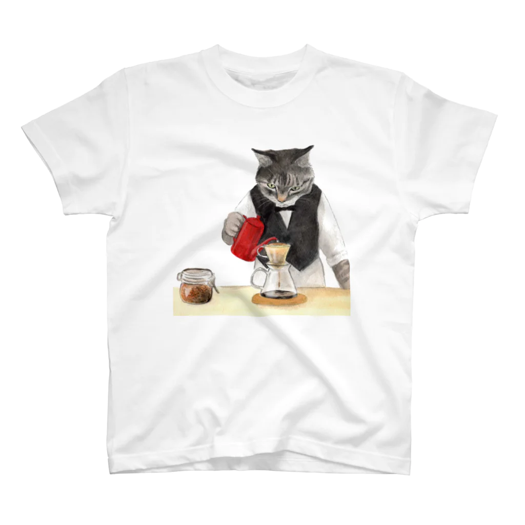  藤ねこりえ/ 𝙁𝙐𝙅𝙄𝙣𝙚𝙘𝙤𝙧𝙞𝙚の美味しいコーヒーを淹れる猫 スタンダードTシャツ