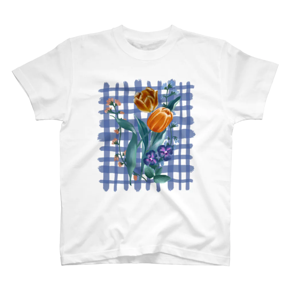 chabiのflower check/blue スタンダードTシャツ